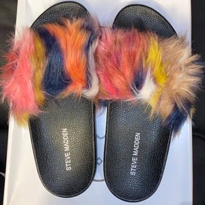 Steve Madden faux fur slides sandals shoes Steve Madden sandals rainbow fur